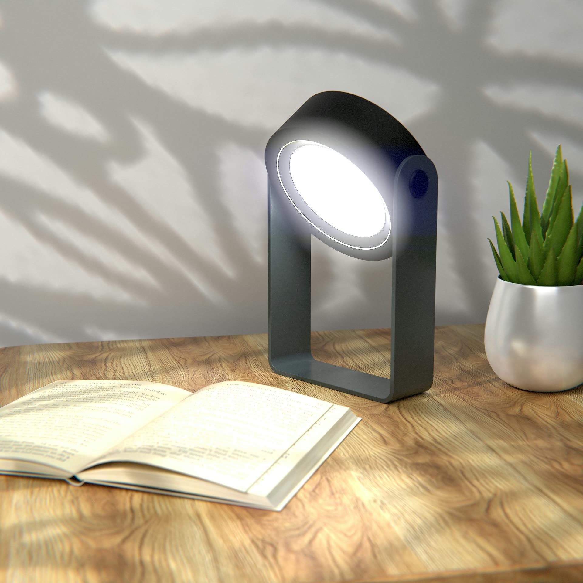 Open book on a warm wood desk with a modern reading lamp and houseplant